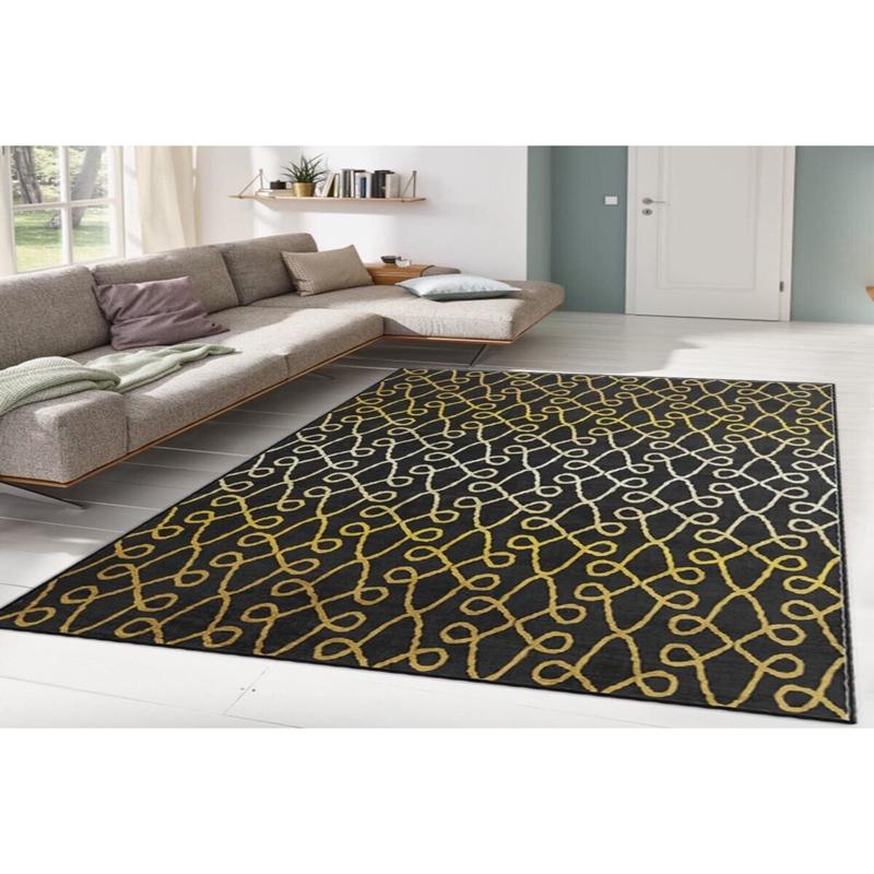Black Gold Thread Motif Digital Printed Carpet