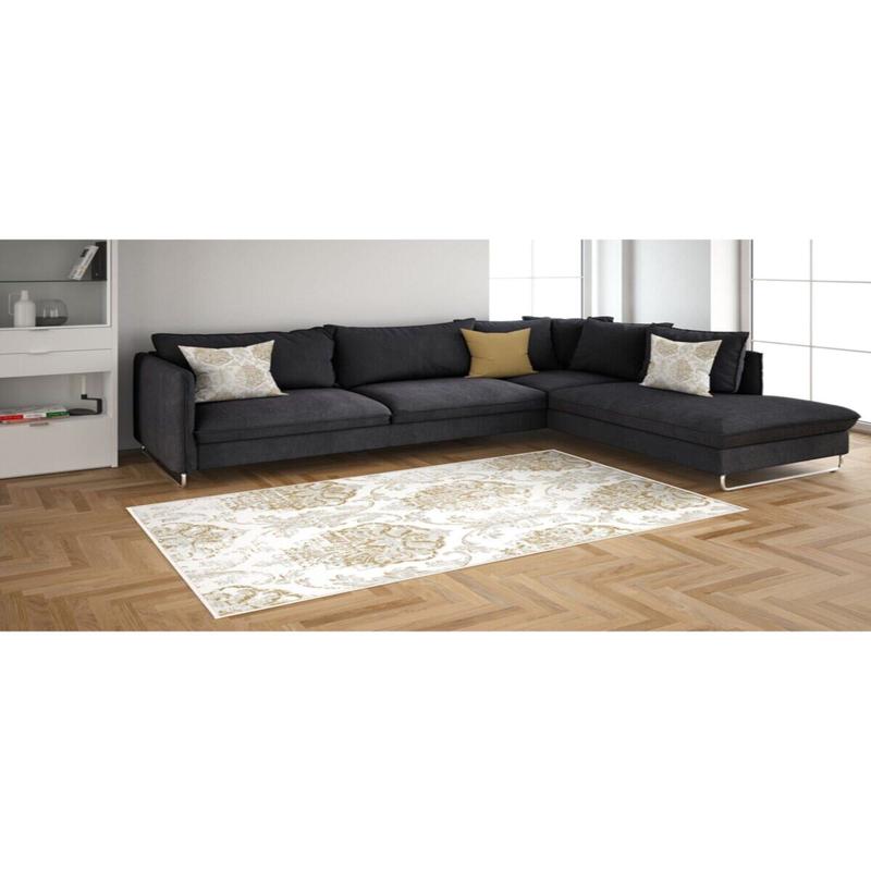 Cream Color Gold Patterned Digital Printed Carpet