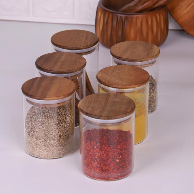 Borosilicate Glass Spice Storage Jar With Acacia Lid 200 Ml, 6 Pieces