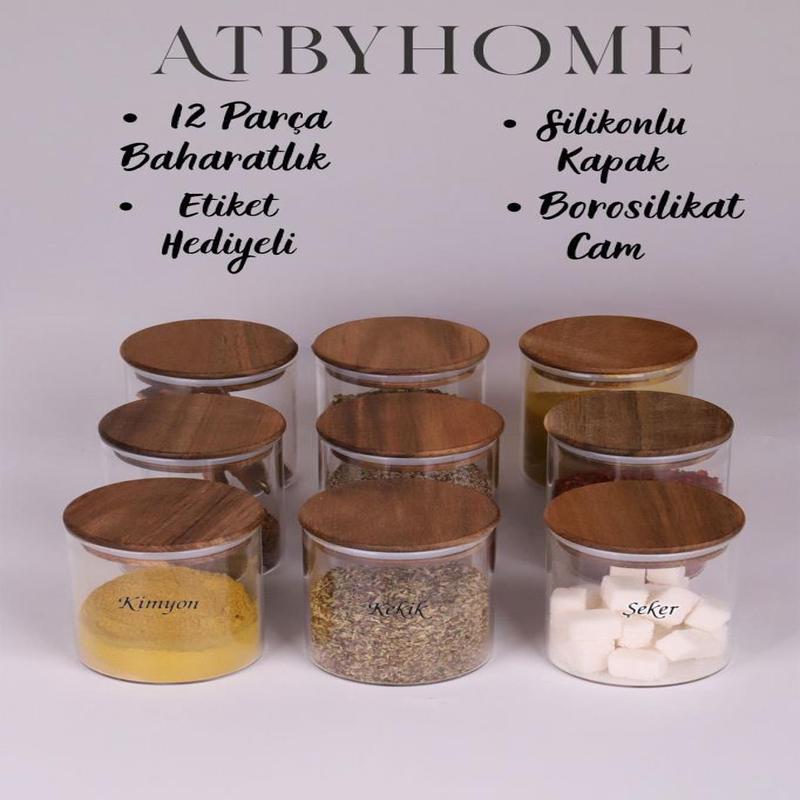 Borosilicate Glass Spice Storage Jar With Acacia Lid 200 Ml, 9 Pieces + Free Label