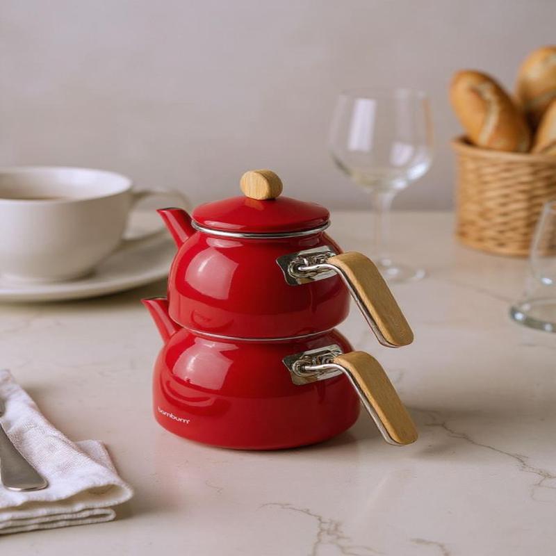 Sultan - Red Teapot Set With Bamboo Handles