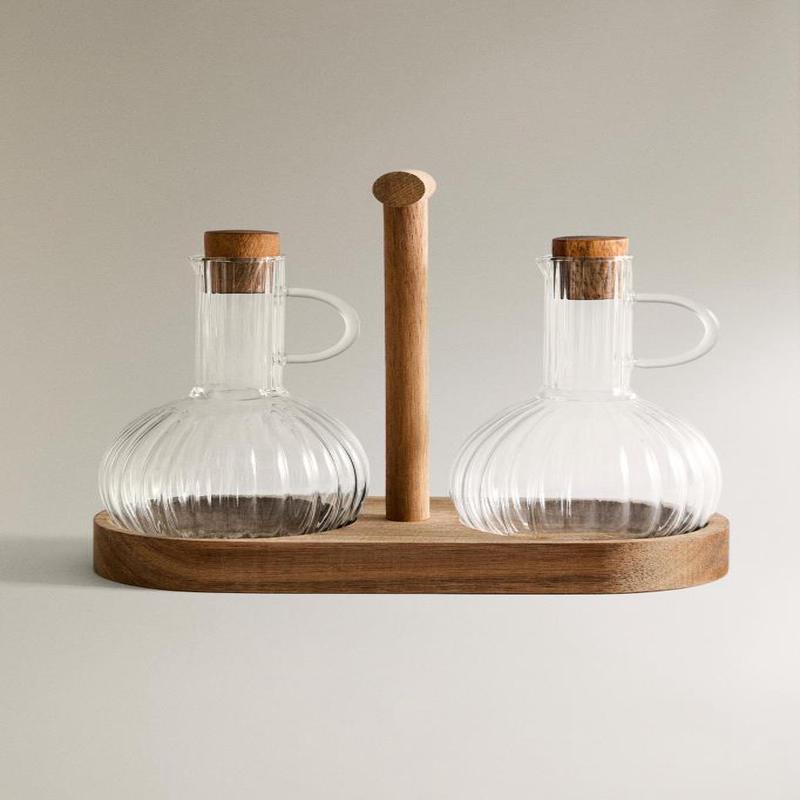 Borosilicate Glass And Wood Vinegar And Oil Bottle Set Of 2