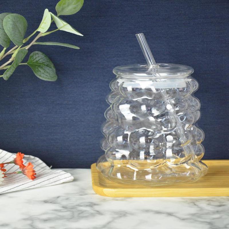 Mien Grape Pattern Bubble Borosilicate Glass Straw Cup 1 Liter