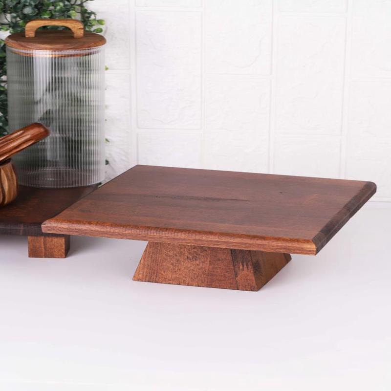 Acacia Wood Square Wooden Presentation Cake Serving Plate 25Cm - High Leg
