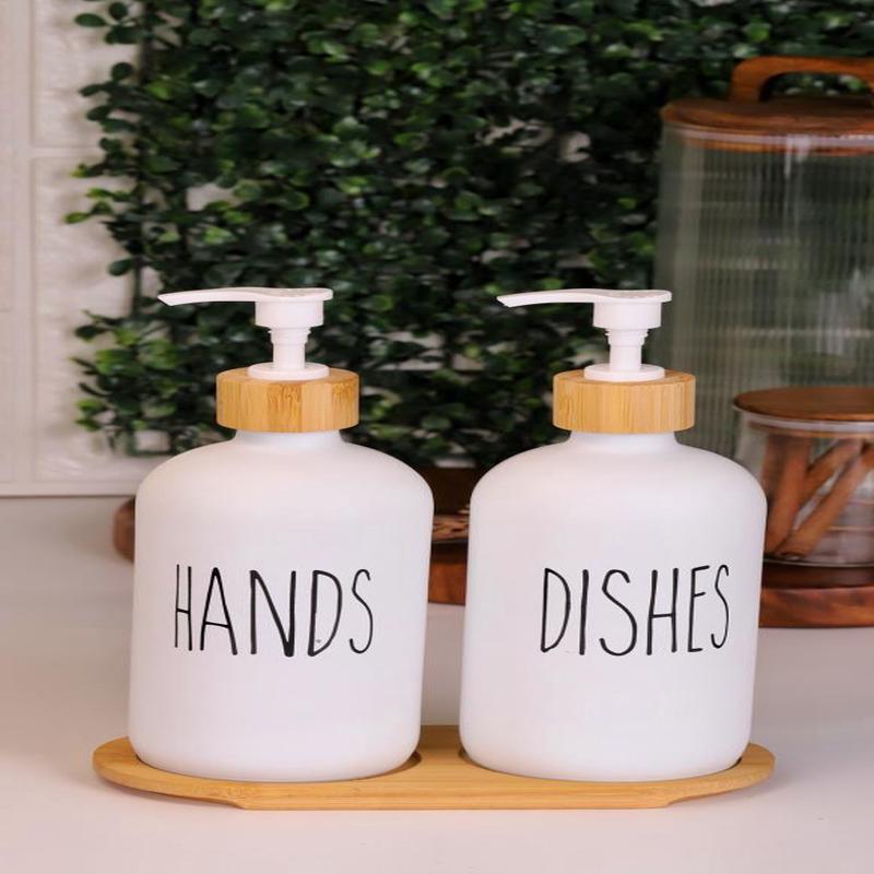 2-Piece White Kitchen Liquid Soap Dispenser Set 500Ml + 500Ml With Bamboo Stand