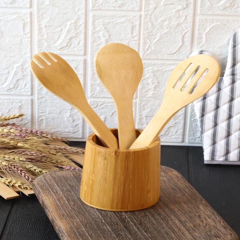 4 Piece Bamboo Spoon Holder-Serving Set - Meal Preparation Set