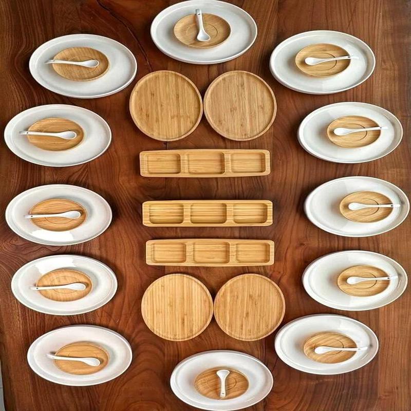 Atbyhome 12 Person 41 Piece Ceramic - Bamboo Breakfast Set - Luxury Breakfast Serving Set