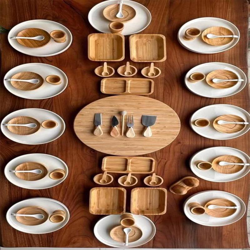 Atbyhome 12 Person 79 Piece Ceramic - Bamboo Breakfast Set - Luxury Breakfast Serving Set