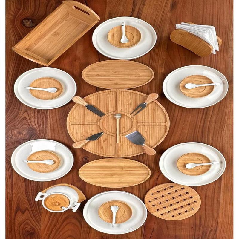 Atbyhome 29 Piece Ceramic Bamboo Breakfast Set For 6 People - Luxury Breakfast Serving Set