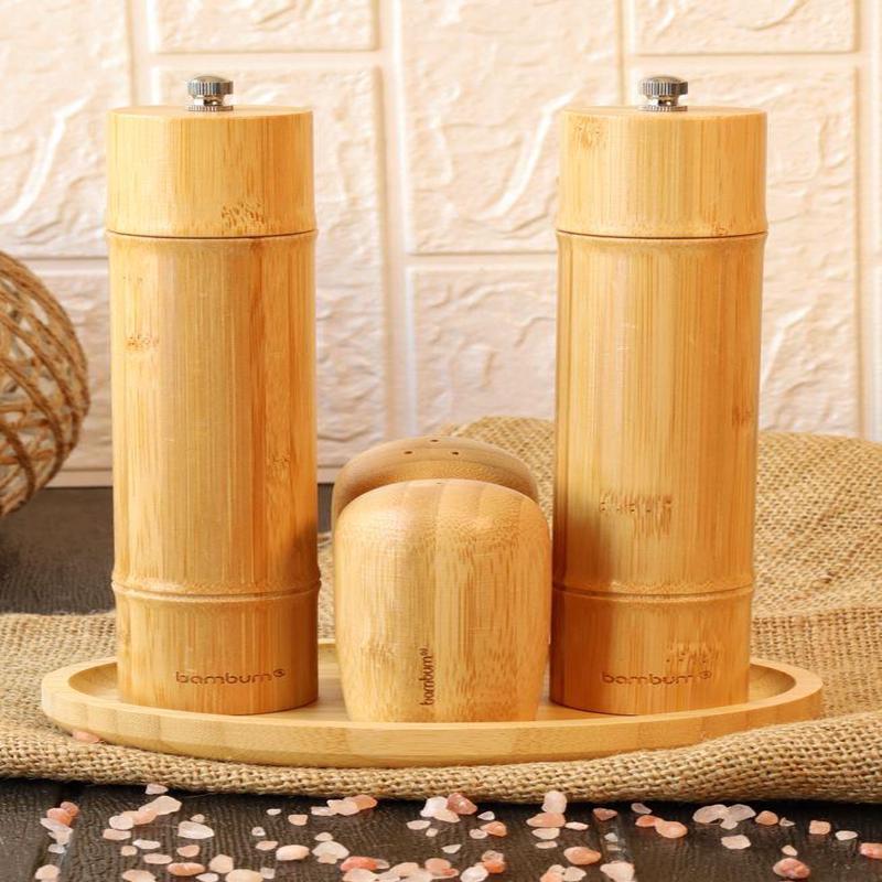 Bambum - 5 Piece Salt And Pepper Shaker Grinder Mill Set With Plate