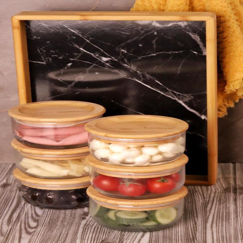 Bambum Duo 300Ml 6-Piece Black Tray Bamboo Lid Glass Breakfast Bowl