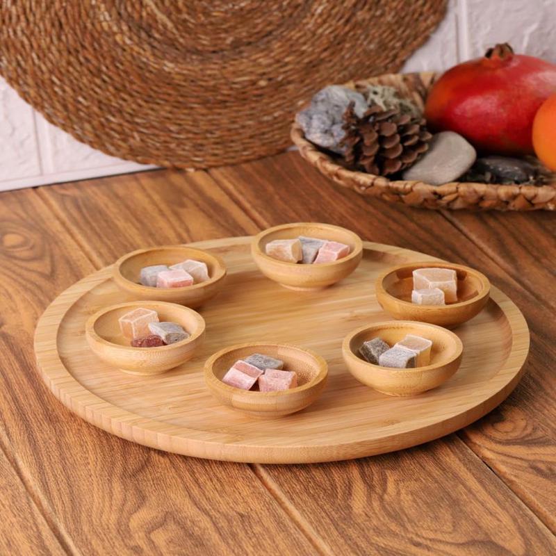 7 Piece Mini Bamboo Sauce Bowl Rotating Serving Plate