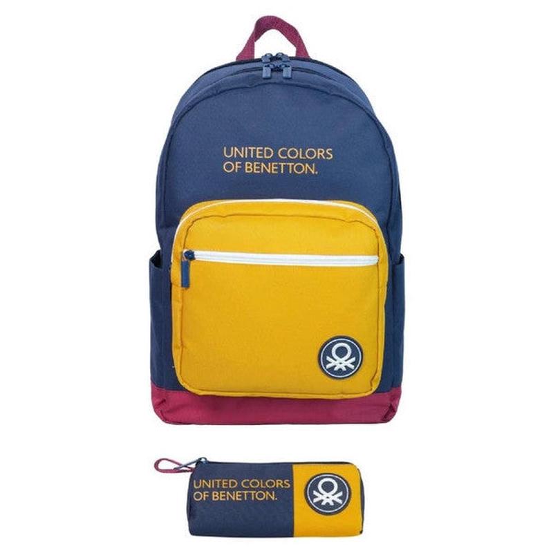 United Colors Of Benetton Tricolor Four-Compartment Boy's Backpack And Pencil Case Set - Navy Blue-Yellow