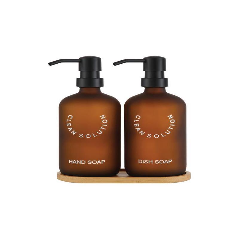 2-Piece Amber Glass Liquid Soap Dispenser Set With Stand