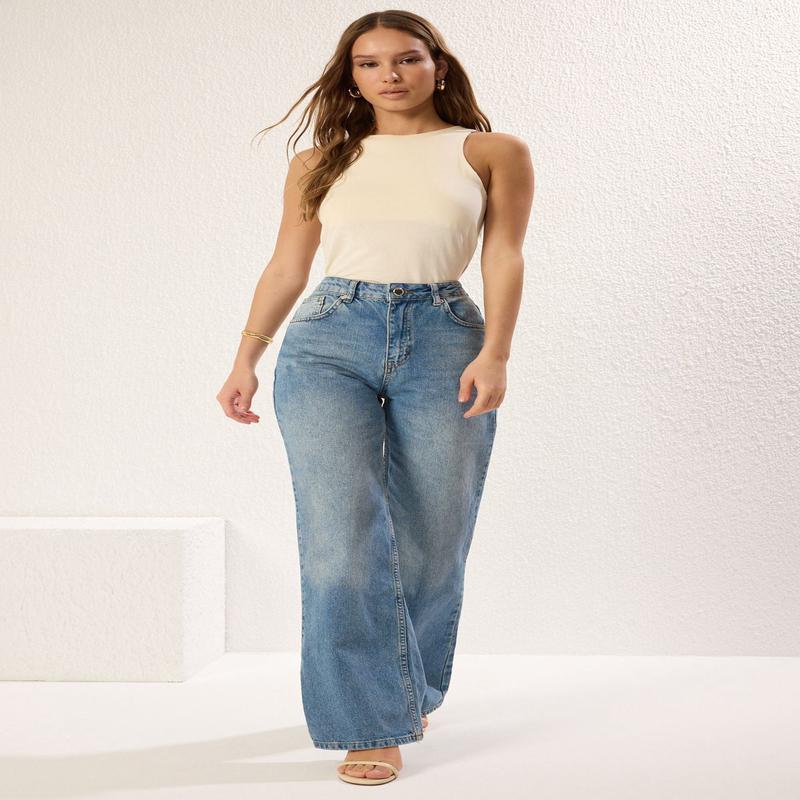 Women's Plain Wide Leg High Waist Jeans