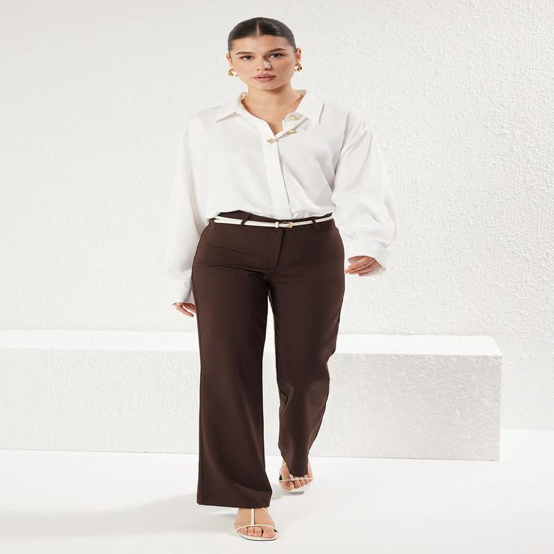 Women's Brown Plain High Waist Pants