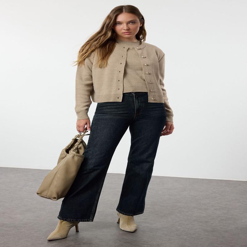 Women's Beige Straight Long Regular Cardigan