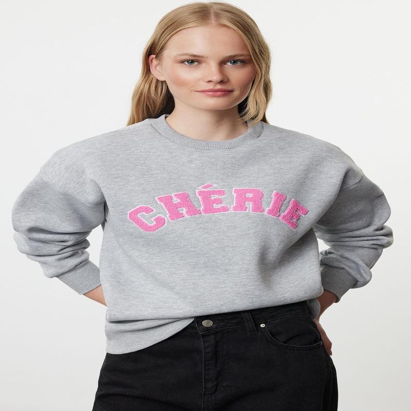 Women's Grey Slogan Long Oversized Sweatshirt
