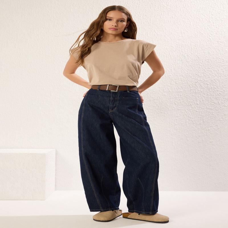 Women's Navy Blue Plain Barrel High Waist Jeans