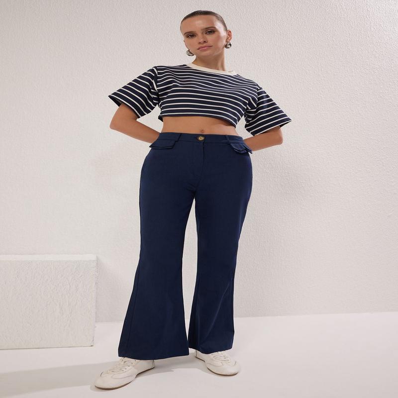 Women's Navy Blue Straight High Waist Trousers