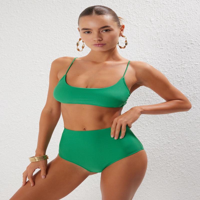 Women's Green Plain Removable Cup Bikini Set