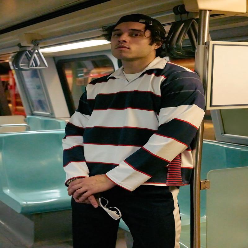 Man Men's Navy Blue Striped Long Oversized Sweatshirt