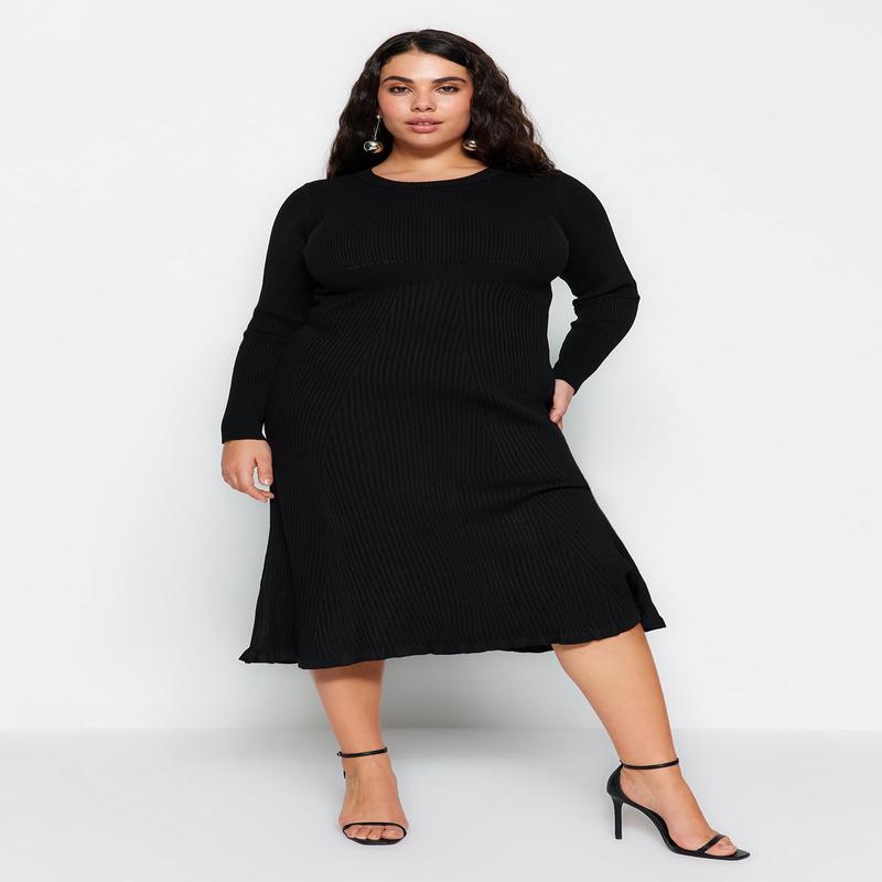 Curve Women's Plain Midi Long Sleeve Casual Fitted Plus Size Dress