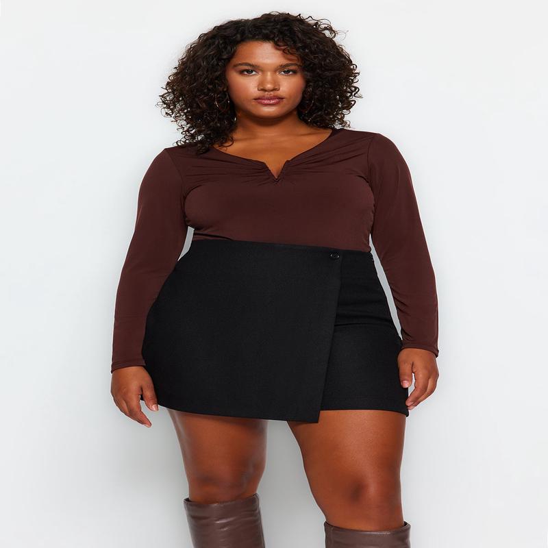 Curve Women's Black Straight Long Sleeve Fitted Plus Size Blouse