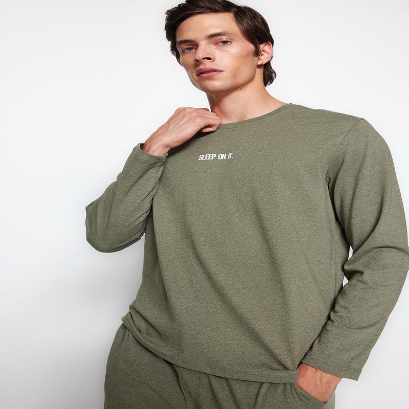 Man Men's Dark Blue Slogan Long Sleeve Homewear Regular Fit Pajama Set