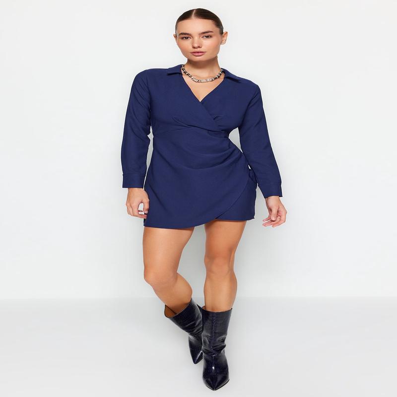 Women's Navy Blue Straight Mini Long Sleeve Business Regular Dress