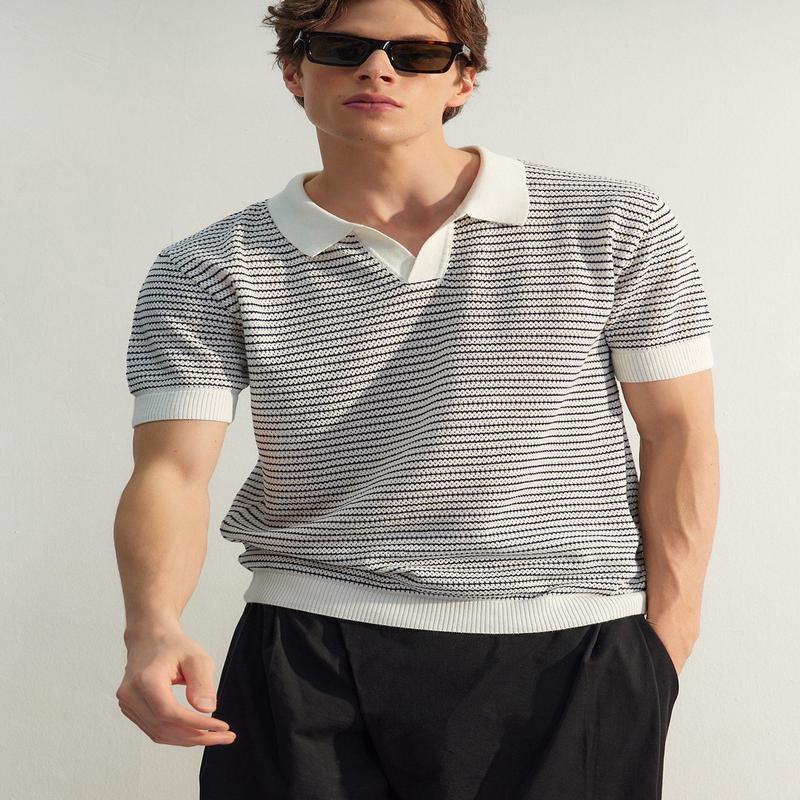 Man Men's Dark Blue Striped Short Sleeve Relaxed Fit Polo T-Shirt