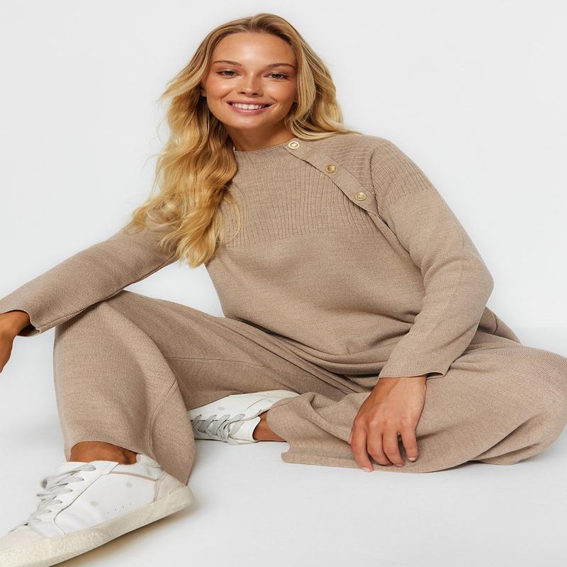 Modest Women's Brown Plain Long sleeve Casual Regular fit Two-Piece Set