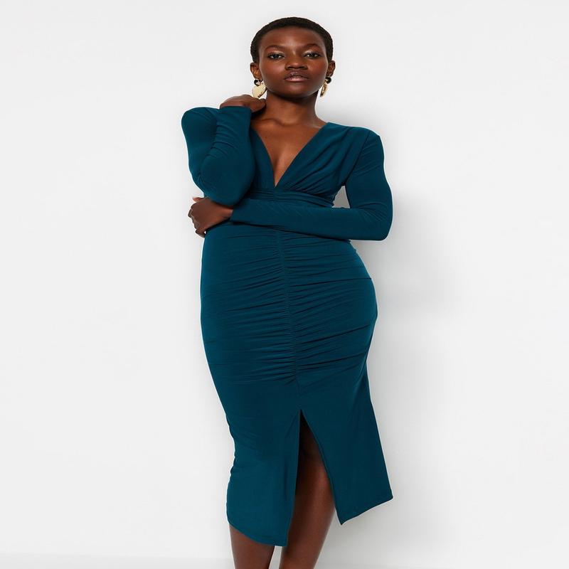 Women's Green Plain Midi Long Sleeve Business Slim Fit Dress