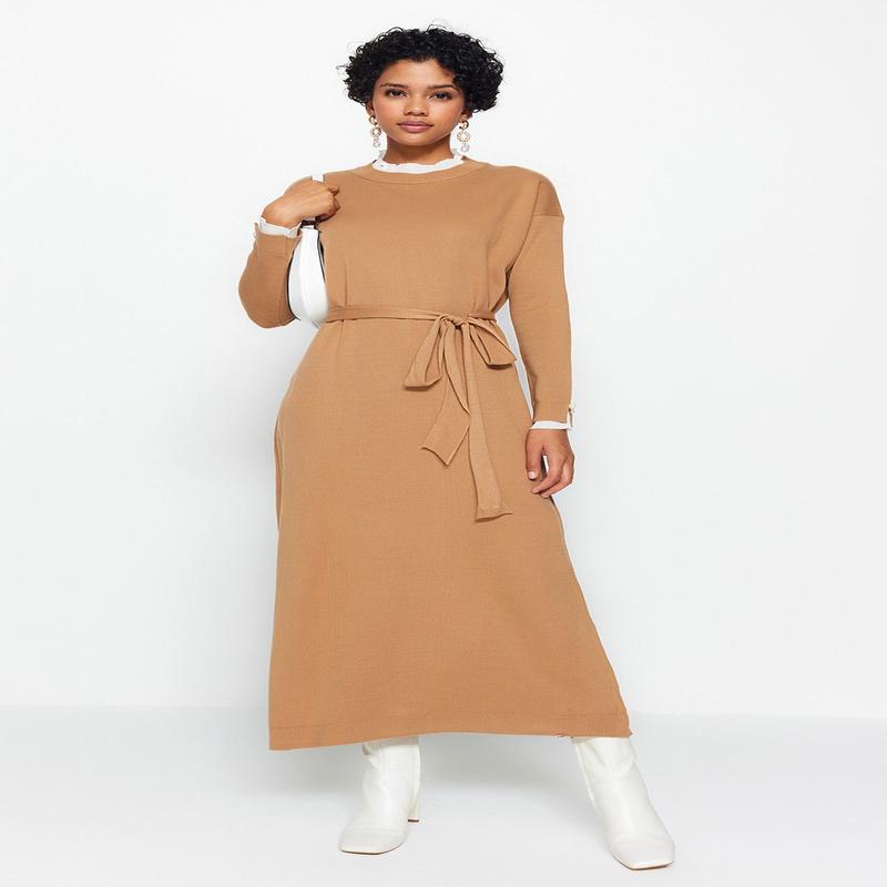 Modest Women's Brown Plain Maxi Long Sleeve Casual Regular Fit Dress