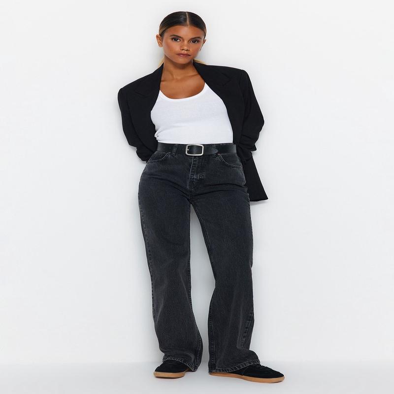 Women's Black Plain Wide Leg High Waist Jeans