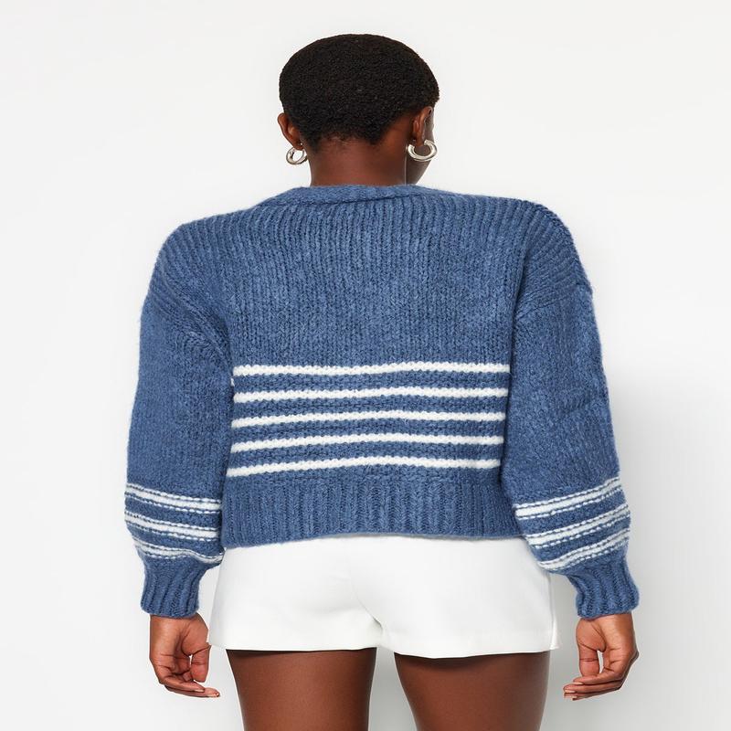 Women's Dark Blue Striped Long Sleeve Regular Fit Cardigan