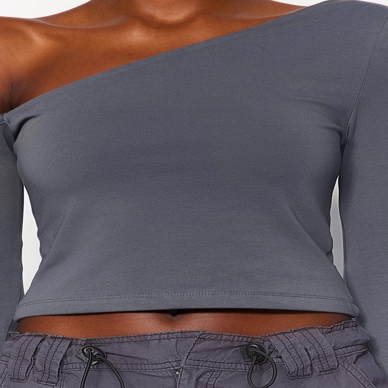 Women's Gray Plain Long sleeve Slim fit Blouse