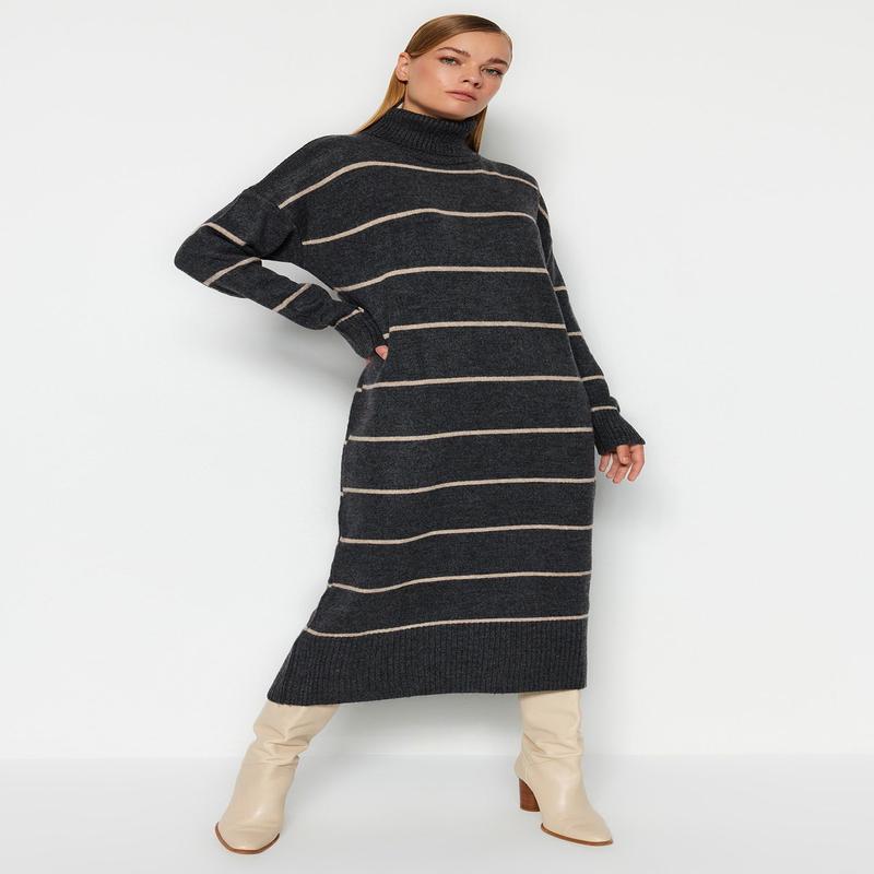 Women's Gray Striped Maxi Long Sleeve Casual Oversize Dress