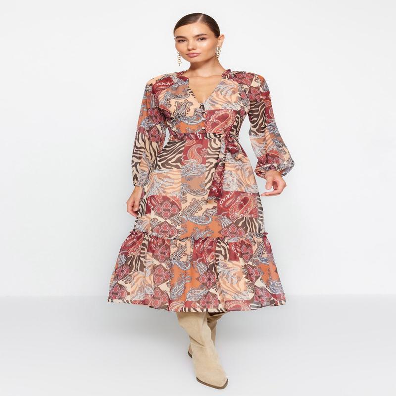 Women's Multicolor Ethnic pattern Midi Long sleeve Evening / Daily Regular fit Dress