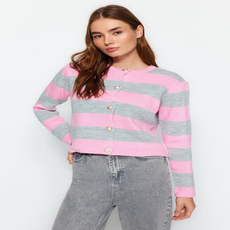 Women's Brown Striped Long Sleeve Regular Fit Cardigan