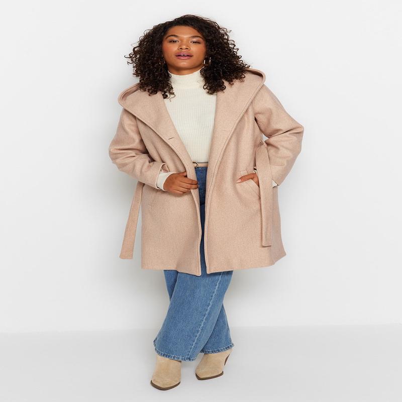 Curve Women's Beige Plain Long Sleeve Relaxed Fit Plus Size Coat