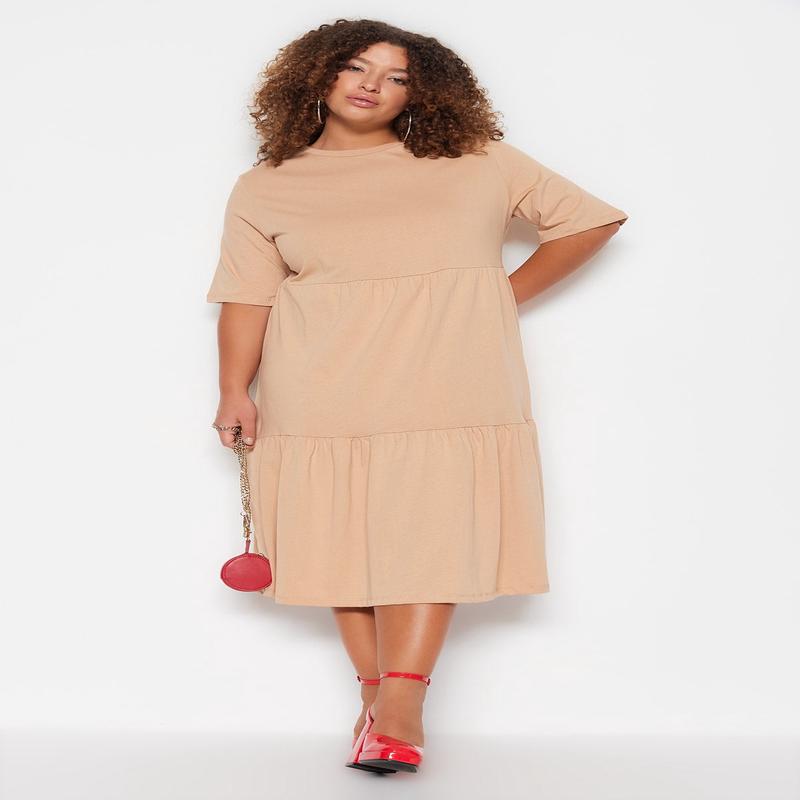 Curve Women's Beige Plain Midi Short sleeve Casual Relaxed fit Plus Size Dress