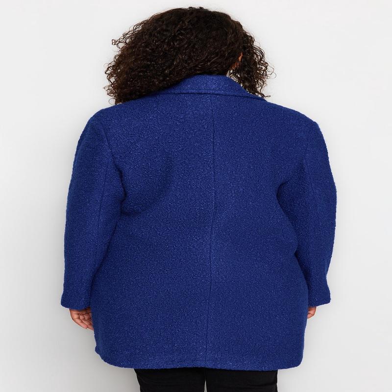 Curve Women's Blue Plain Long Sleeve Oversize Plus Size Coat