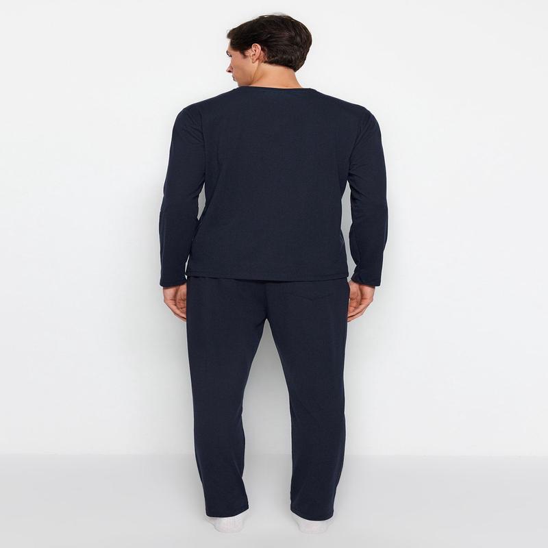 Man Men's Dark Blue Plain Long Sleeve Homewear Regular Fit Pajama Set