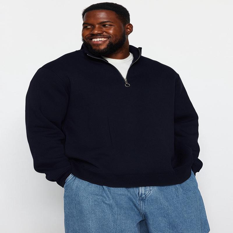 Man Men's Dark Blue Plain Long Sleeve Oversize Plus Size Sweatshirt