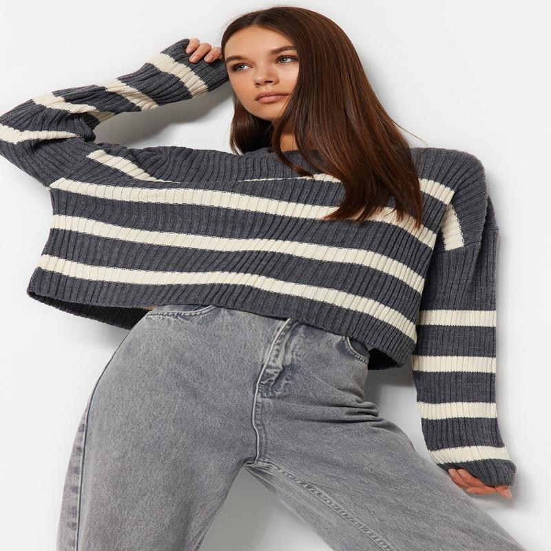 Women's Gray Striped Long Sleeve Regular Fit Sweater