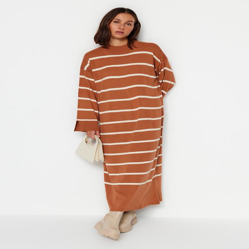 Modest Women's Brown Striped Maxi Long sleeve Casual Relaxed fit Dress