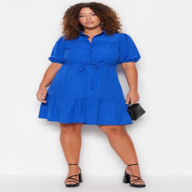 Curve Women's Blue Flat Mini Short Sleeve Casual Oversize Plus Size Dress