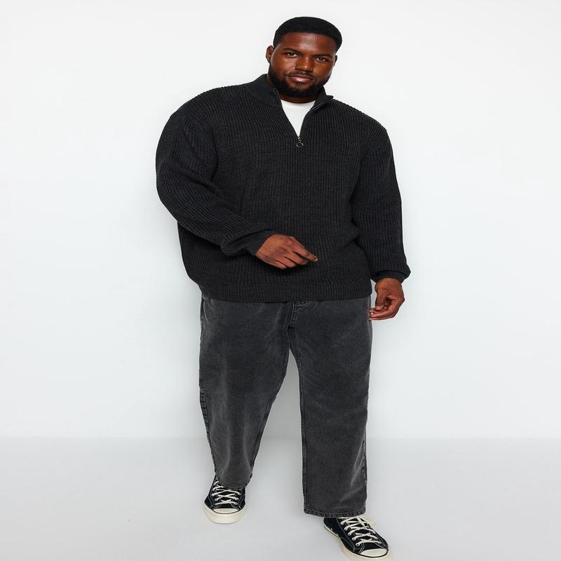 MAN Men's Black Plain Long sleeve Regular fit Plus Size Sweater