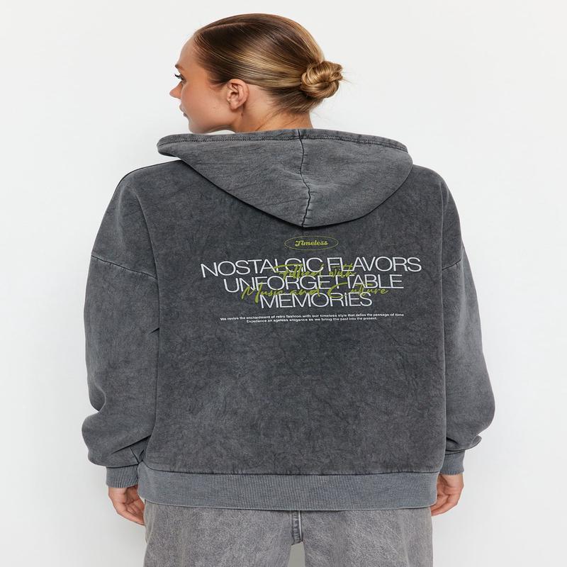 Women's Gray Motto Long Sleeve Oversize Sweatshirts